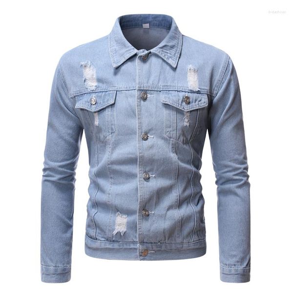 Jaqueta Masculina Primavera Outono Jaqueta Jeans Casaco Sólido Preto Azul Casual Streetwear Buraco Jeans Masculino Gola Feminina