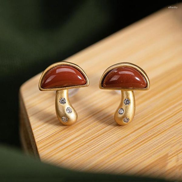 Серьги натуральные южные красные турмалиновые грибы китайский ретро -корт стиль творческие украшения женского бренда Dameng