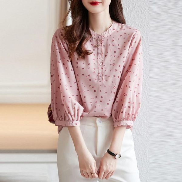 Kadınlar bluzları Iyundo Yaz Şifon Üstleri Polka Dot Kadın Gömlek Bluz 2023 Üç Çeyrek Kollu Niş Tasarım Gömlek Giysileri