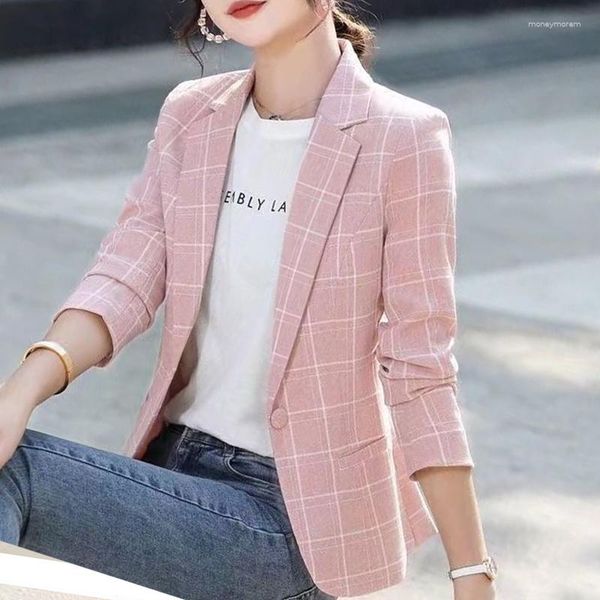 Damenanzüge Kleidung Knopf gekerbt Temperament Einfachheit dünn Büro Dame Business Casual Plaid Druck Frühling Sommer Blazer