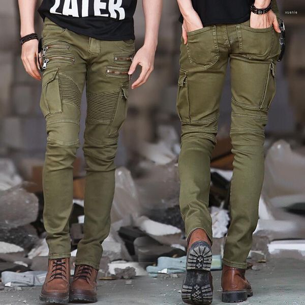 Jeans masculino verde jeans biker skinny runway desgastado fino elástico homme hip hop militar motocicleta calças cargo