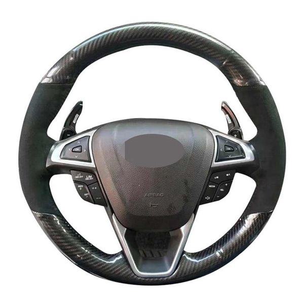 Capa de volante de carro costurada à mão de camurça de fibra de carbono preta macia para Mondeo Fusion 2013-2021 Edge 2021-2021 Covers290n