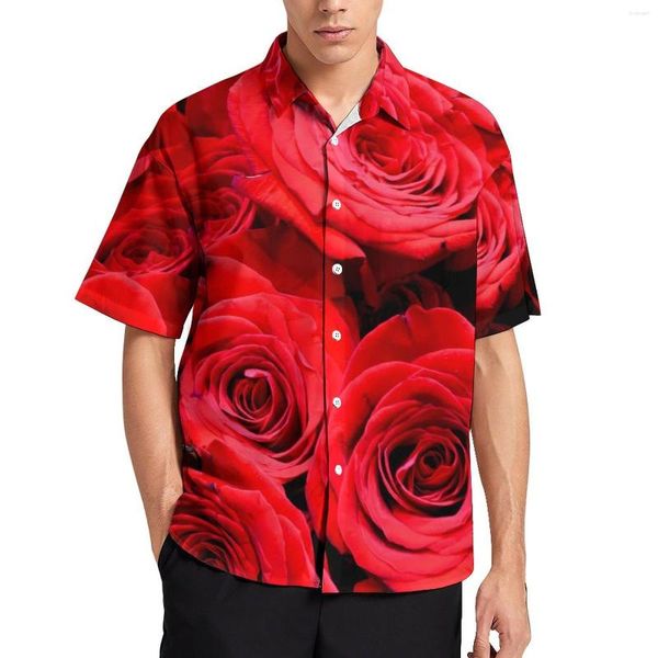 Erkekler Sıradan Gömlek Kırmızı Gül Baskı Gevşek Gömlek Adam Tatil Zarif Çiçek Yaz Özel Kısa Kollu Sokak Giyim Büyük boy bluz