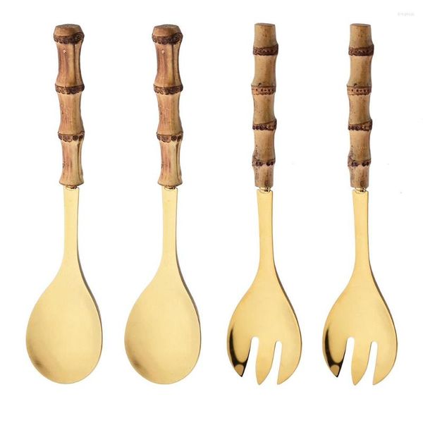 Ложки 2/4pcs деревянная ручка из нержавеющей стали салат из салата Spork Spork Long Fork Service Set Seplab