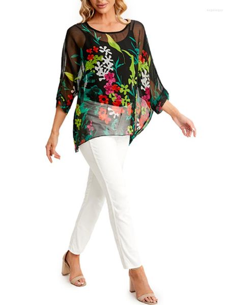 Женские блузки весна лето Женская шифоновая рубашка Винтаж элегантный цветочный принт O-образное вырезок.