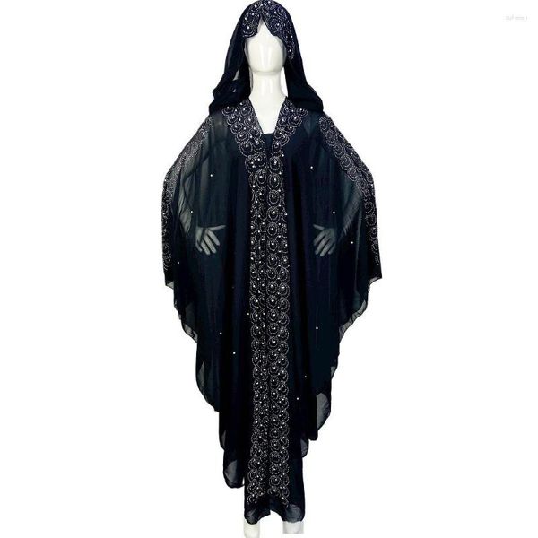 Abbigliamento etnico in chiffon nero africano abito abaya diamdons con cappuccio da mantello musulmano abito dubai djellaba boubou sera jalabiya grande