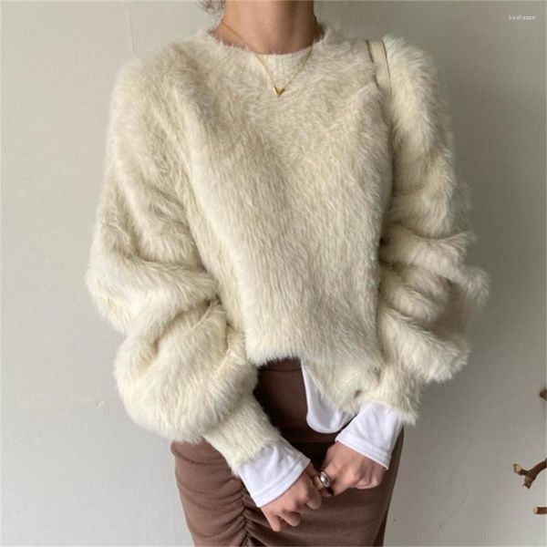 Suéteres femininos Alien Kitty elegantes mulheres 2023 cabelo falso de vison inverno quente Mujer pullovers sólido chique casual malha fino solto