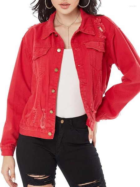 Giacche da donna Primavera Autunno Donna Giacca di jeans rossa allentata con foro sfilacciato Streetwear Cappotto di jeans monopetto femminile Capispalla Top