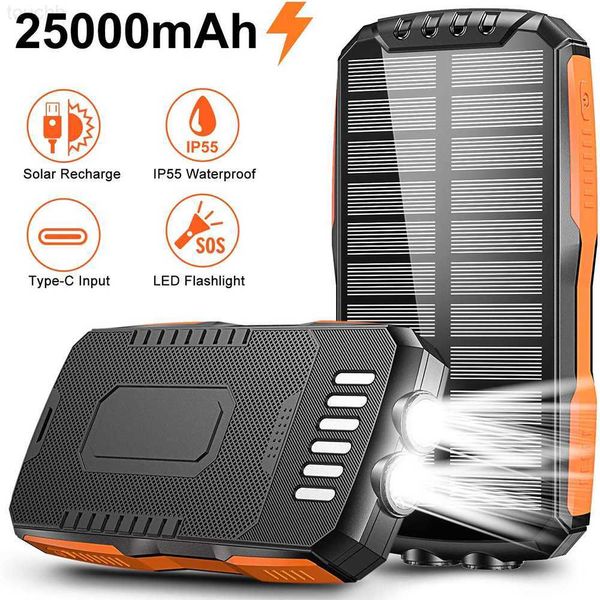 Ponto de telefone celular Bancos de energia 25000mAh Banco de energia solar QI Carregamento sem fio para iPhone 14 Xiaomi PowerBank Carregador portátil Bateria externa com lanterna L230728