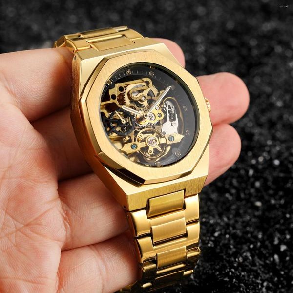 Armbanduhren Mode Männliche Uhren Transparent Retro Herren Automatische Mechanische Uhr Top Goldene Leuchtzeiger Skeleton Uhr