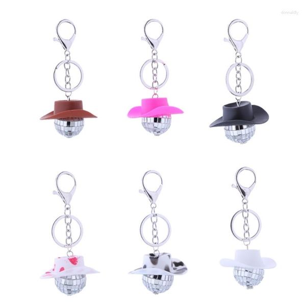 Portachiavi Pink Cowgirl CowBoy Hat Car Charm Specchietto retrovisore Hanging-Disco Ball-Bling Portachiavi Accessori occidentali Decorazione borsa