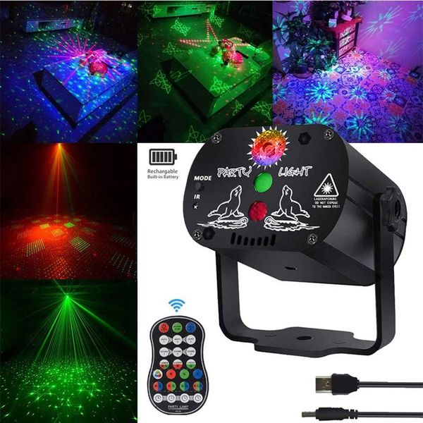 Illuminazione laser DJ Disco Stage Party Lights Funzione di tempo del proiettore a LED attivata dal suono con telecomando per Natale Hallowee318F