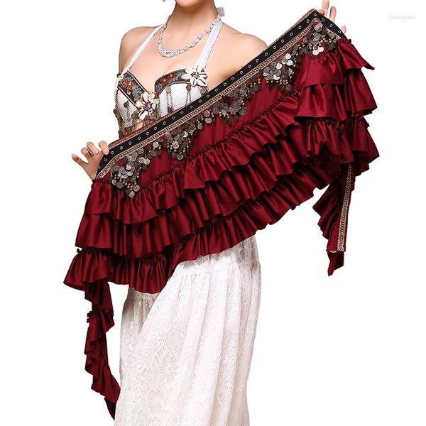 Abbigliamento da palcoscenico Costume da danza del ventre Tipo vintage Paillettes Donna Sciarpa rossa danzante Cintura nera da esibizione per ragazze