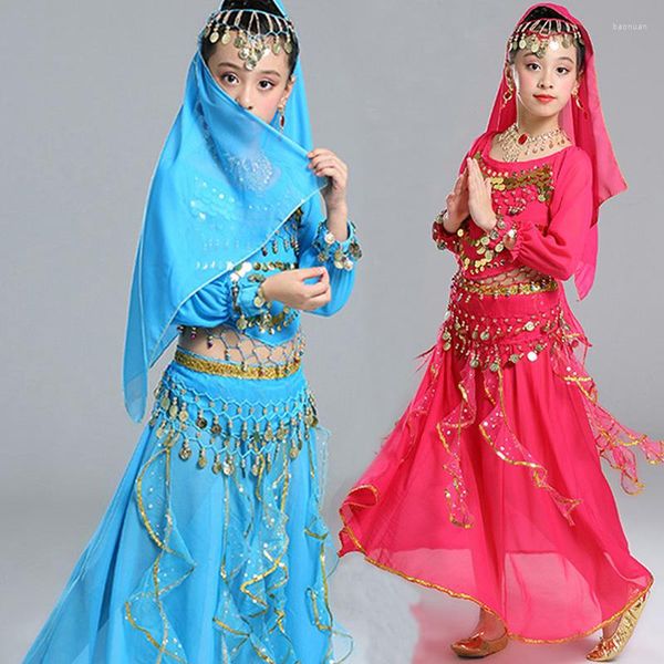 Conjunto de 5 peças para roupas de palco, fantasias de dança do ventre para meninas, roupa de dança para crianças, calças de Bollywood