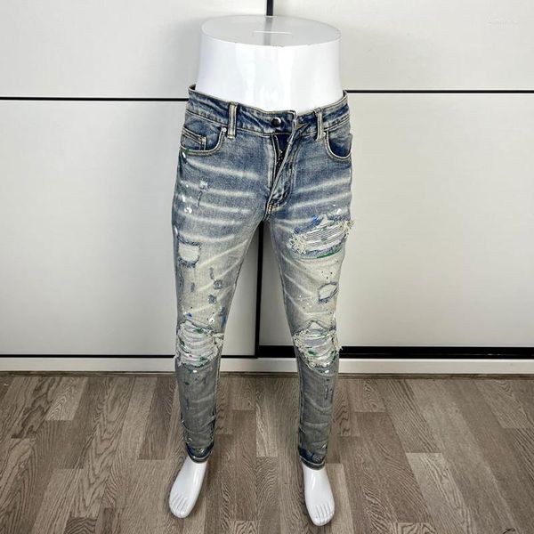 Jeans Masculino Moda de Rua Masculino Retro Azul Elástico Ajuste Justo Pintado Rasgado Remendado Designer Hip Hop Denim Marca Calças Hombre