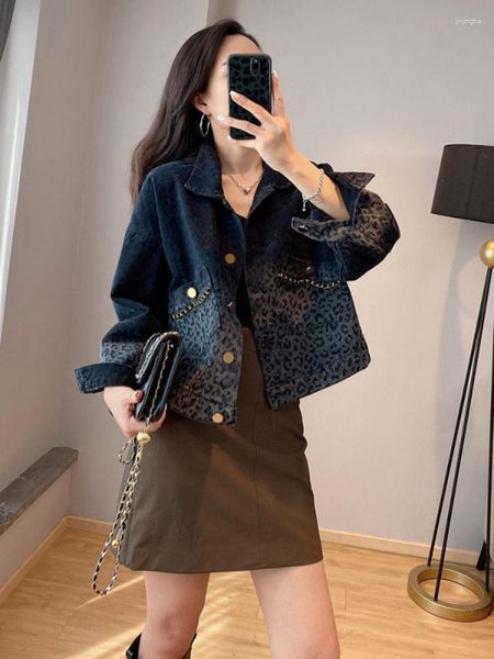 Женские куртки для женщин 2023 весна осень осень черная леопардовая короткая джинсовая куртка топ модный обычный корейский свободный пальто