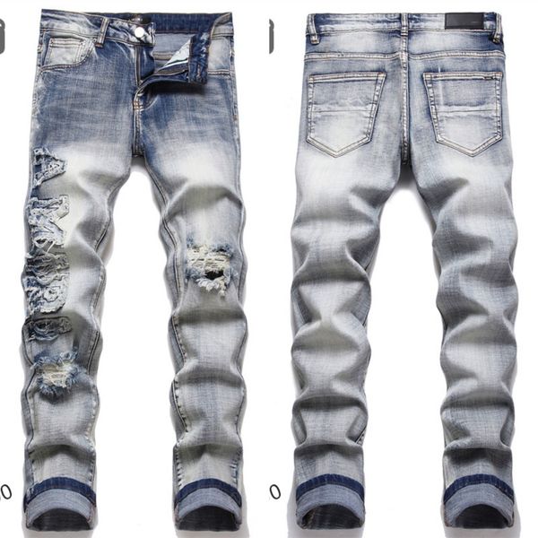 Gestapelte Jeans lila Jeans Designer Kleidung Rock Revival Jeans Biker Hosen Mann Pant gebrochenes Loch Stickhopfen Hip Hop Denim Hosen Buchstaben Straight Mens Jeans Hose 29-38