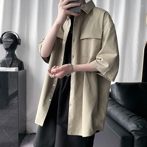 Camicie casual da uomo Utensili estivi Camicia da uomo manica corta tinta unita Camicia oversize ampia Abbigliamento tutto-fiammifero 2023 Vintage Nero Bianco Cachi