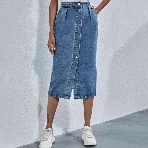 Röcke Mode Einreiher Knielangen Denim Rock Frauen Streetwear Casual Tasche Hohe Taille Gerade Jeans