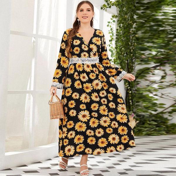 Casual Kleider V-ausschnitt Blume Lange Für Frauen Plus Größe Kleidung Maxi Röcke Sommer Streetwear Party Maxiskirt Vestidos Talla Grane Robe