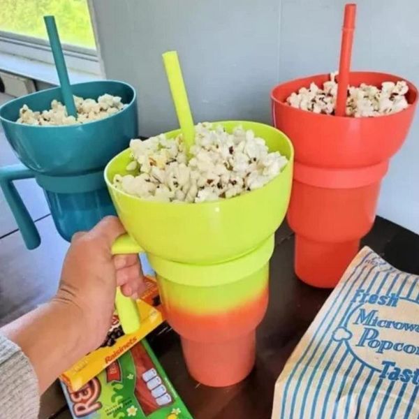 Tassen 2-in-1-Snackies-Becher Top-Snackschale auf Getränkebechern Tragbarer, spritzwassergeschützter, auslaufsicherer Popcorn-Stadionbecher mit Strohhalm Cinema Trip 230729