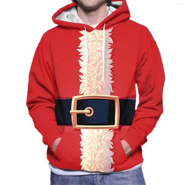 Moletons Masculinos Moletons de Natal Outono Inverno Papai Noel Pulôver Manga Longa Gola Redonda Suéter com Cordão Bolso Casaco