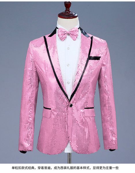 Abiti da uomo Blazer Pink Paillettes Abito con un bottone Blazer Marca Nightclub Prom Abito da uomo Giacca da sposa Cantante Costume Papillon Include 230729