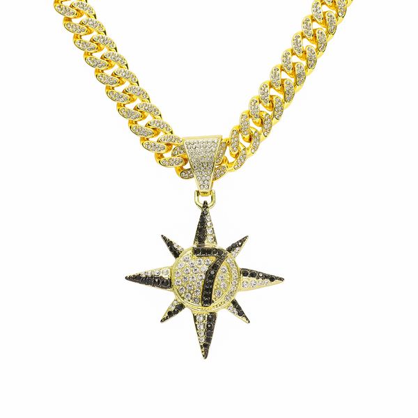 Hip Hop Männer Rapper Diamant Anhänger Gold Halskette glänzende Sonne Nr. 7 Anhänger Micro-Inset Zirkon Schmuck Nachtclub Zubehör Pullover Schlüsselbein kubanische Kette 50 cm 1607