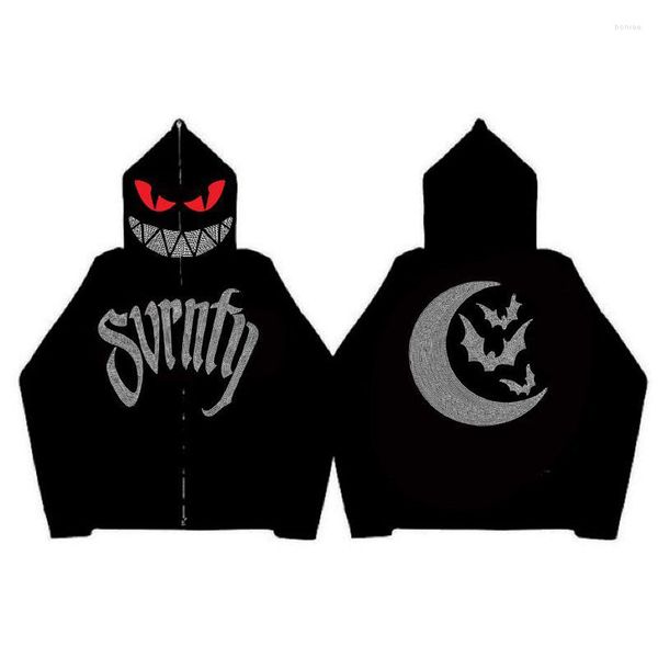 Erkek Hoodies Bat Rhinestones Bling Fermuar Kadın Tops 2023 Hip Hop Uzun Kollu Sokak Giyseni Sweatshirts Y2K Giyim