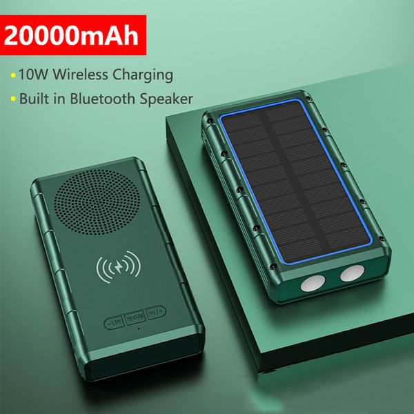 Banco de energia solar 30000mAh 10W Qi Carregador sem fio para iPhone 14 13 Samsung Xiaomi Portable Powerbank com alto-falante LED Lanterna