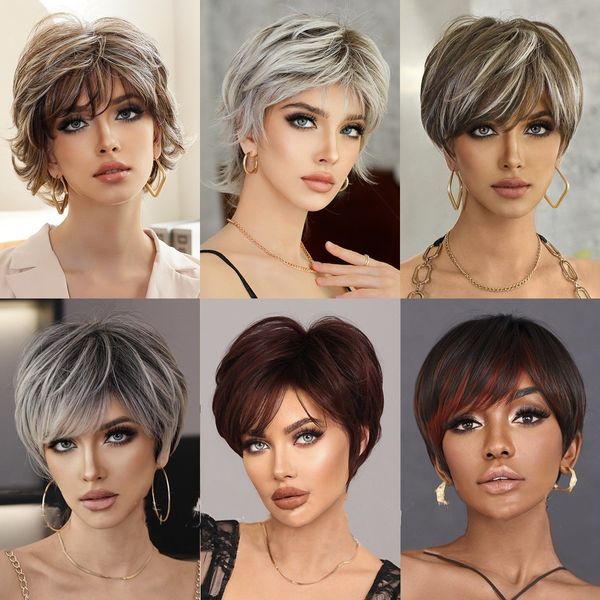 Wig Caps peruca sintética cabelo curto alto couro cabeludo simulado com franja ouro branco e perucas de cabelo loiro vários estilos adequados para mulheres 230729