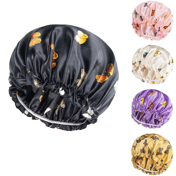 Grafik Schmetterling Print Satin Nachthut für Frauen Mädchen Elastizität Schlafkappen Schönheit Haube Haarpflege Mode Accessoires