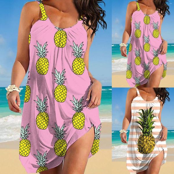 Vestidos casuais 2024 Chegada feminina fruta de verão imitação imitação de algodão vestido de esteira à beira -mar no ombro