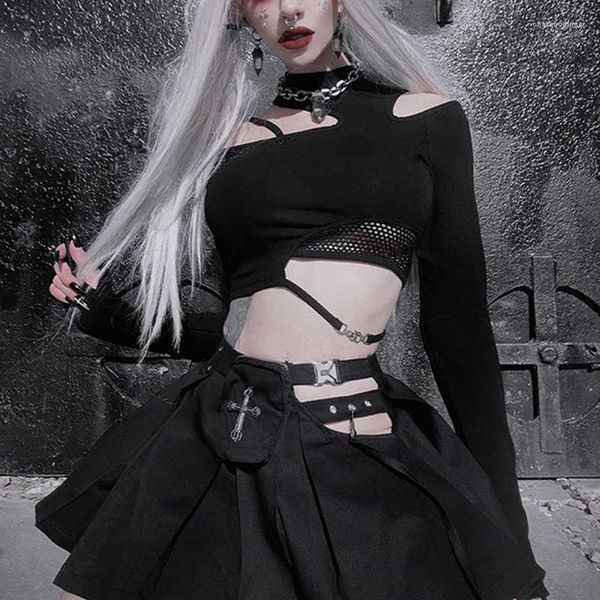 Magliette da donna Goth Dark Mall Gotico Scava fuori Magliette sexy Grunge Estetica Techwear Top crop irregolari Punk Fishnet Splice Long