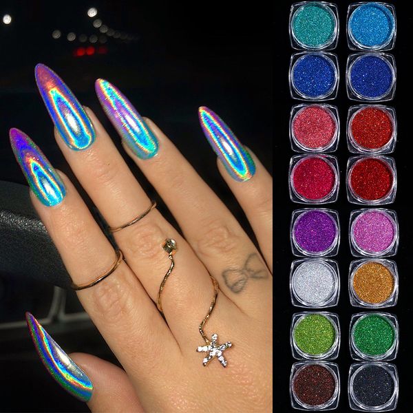 Nagelglitzer, 16-teiliges holografisches Nagelglitzer-Puder-Set, glitzernde Pailletten, Silber, Rosa, Blau, Glitzer, reflektierendes Pigment, Maniküre-Materialien NTL0116 230729