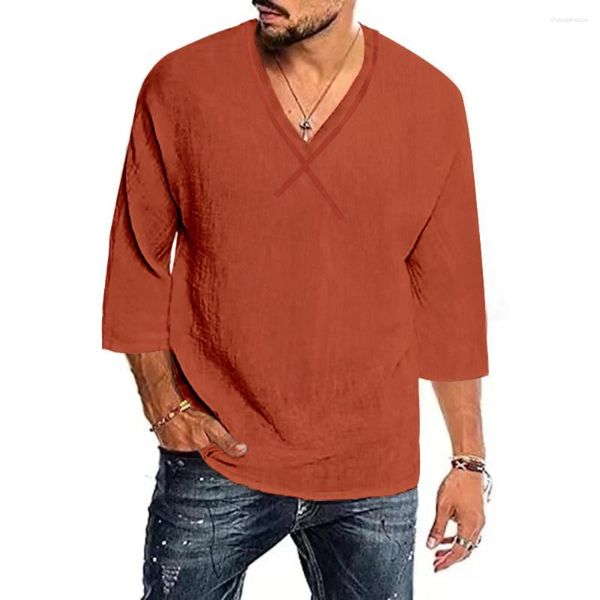 Camisetas Masculinas Blusa Casual Camisa de Linho de Algodão Blusa Solta Manga Longa Decote em V Primavera Verão Bonito