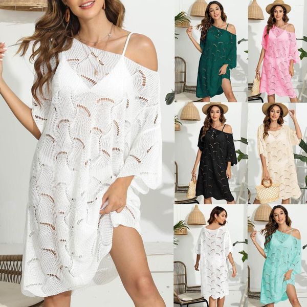 Roupa de banho feminina 2023 cobertura de natação feminina de crochê roupa de praia para senhoras com babado vocação biquíni coberturas branco verão vestido de sol midi