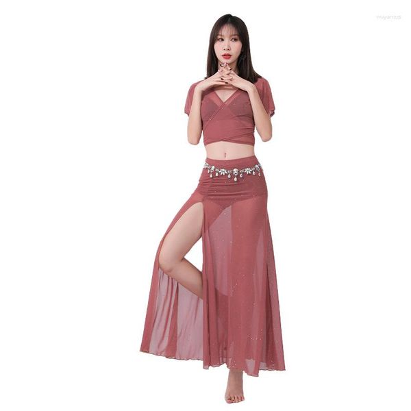 Abbigliamento da palcoscenico Costume da danza del ventre in maglia argentata Donna 2 pezzi Pratica orientale Manica corta Abbigliamento da ballo sottile Design estivo Rosa