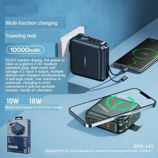 Mobilfunkbanken Multifunktionale Power Bank 10000mAh Batterie 18W 2pd+QC Wireless schnelles Lade -Powerbank -Telefonladegerät mit Halter Wechselstromart In/Out L230728