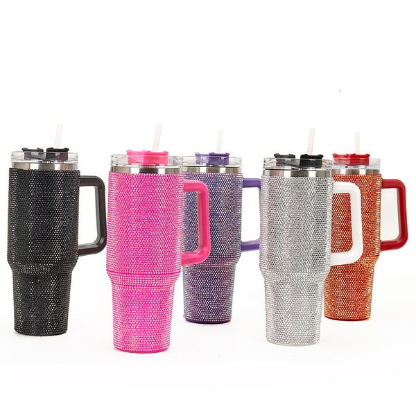 Tumblers 40 oz elmas paslanmaz çelik kupalar Bling Tumbler Sap kapağı ve saman termos şişesi Caixa Termica Hediye 230729