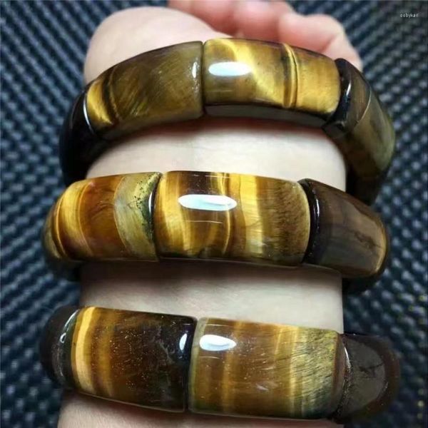 Bracciale con perline rettangolari in pietra gemma occhio di tigre gialla naturale del Brasile 25x15mm