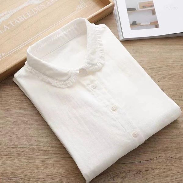 Blusas femininas de algodão camisa com babados para mulheres 2023 primavera outono artística retrô manga longa lisa blusa branca de um só peito