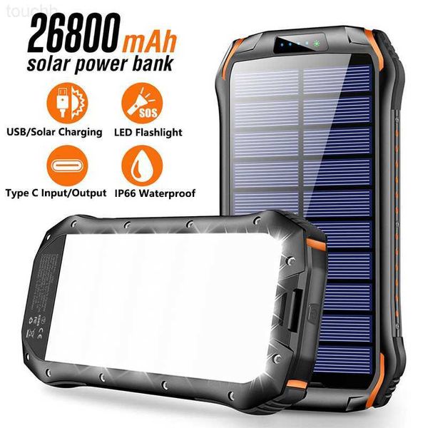 Bancos de energia do telefone celular 26800mAh Wireless Solar Power Bank Portable Tipo C Fast Charging PowerBank para iPhone 13 Xiaomi Samsung Poverbank com luz LED L230728