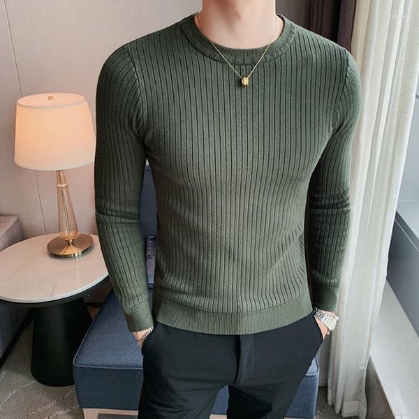Мужские свитера корейская мода Мужские мужчины скинни дизайн-свитер сплошные цвета O-образные изделия.