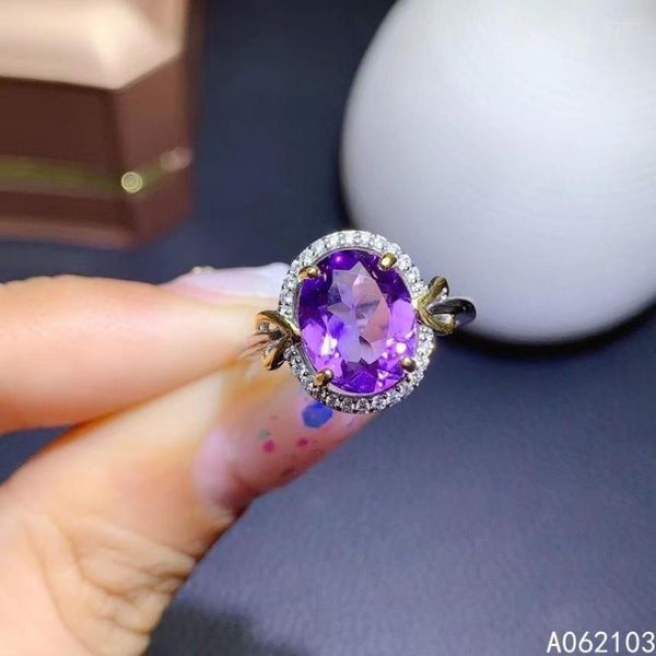 Clusterringe KJJEAXCMY Feiner Schmuck 925 Sterling Silber Eingelegter Amethyst Damen Einfach Klassisch Oval Großer Edelstein Verstellbarer Ring Unterstützung Karo