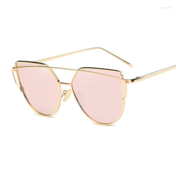 Óculos de sol Metal Mulher Luxo Olho de Gato Marca Design Espelho Rosa Dourado Moda Vintage Óculos de Sol Óculos Feminino
