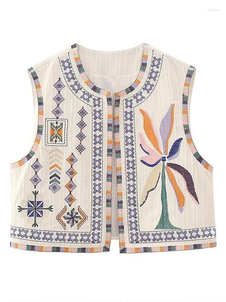 Gilet da donna Boho Gilet con stampa floreale Moda donna Vintage senza maniche O collo Gilet ricamato Autunno femminile Causale Allentato retrò Corto