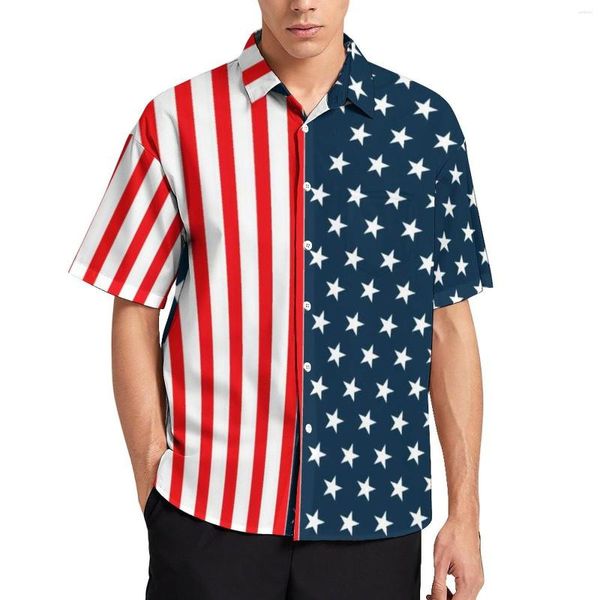 Camisas casuais masculinas Blusas estrela e listras bandeira patriótica americana estrelas vermelhas havaianas manga curta design elegante camisa de férias