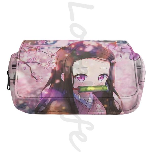 Kits de Higiene Pessoal Kamado Nezuko Bolsa Lápis Camada Dupla Estojo Demon Slayer Material Escolar Estojos Cosméticos de Viagem Bolsa de Lona Anime 230729