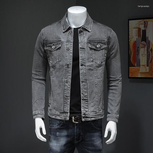 Jaquetas masculinas primavera outono casaco jeans masculino jaqueta de lapela de alta qualidade cargo cor sólida simples